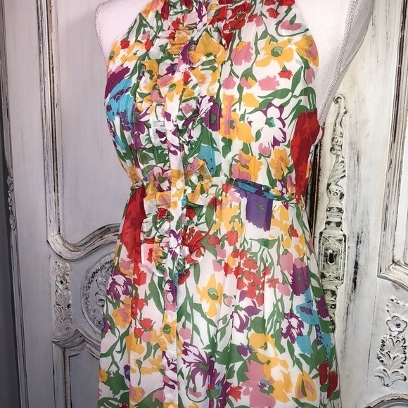Twentyone Multi Colored Ruffle Front Button Down Cut in Sleeveless Dress S/S - Picture 3 of 10